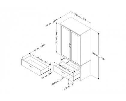 FaFurn - White Armoire Bedroom Clothes Storage Wardrobe Cabinet with 2 Drawers