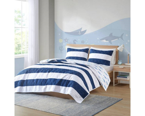 FaFurn 3-Piece Full/Queen Size Reversible Sharks Quilt Set - Navy Blue/White, Cotton