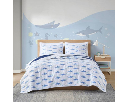 FaFurn 3-Piece Full/Queen Size Reversible Sharks Quilt Set - Navy Blue/White, Cotton