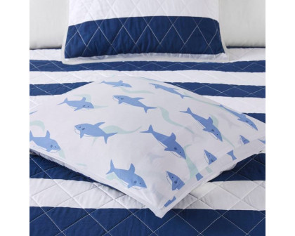 FaFurn 3-Piece Full/Queen Size Reversible Sharks Quilt Set - Navy Blue/White, Cotton