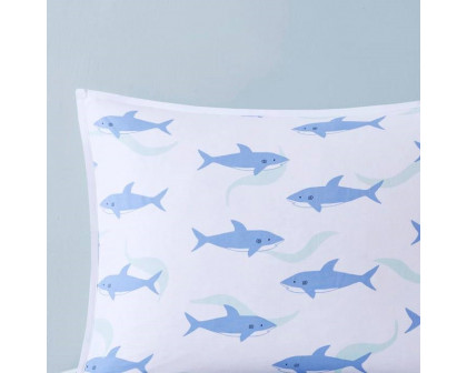 FaFurn 3-Piece Full/Queen Size Reversible Sharks Quilt Set - Navy Blue/White, Cotton