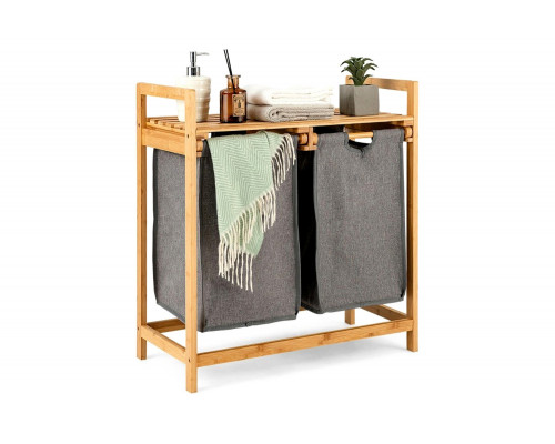 FaFurn - Natural Bamboo 2 Bin Sliding Laundry Hamper with Storage Shelf