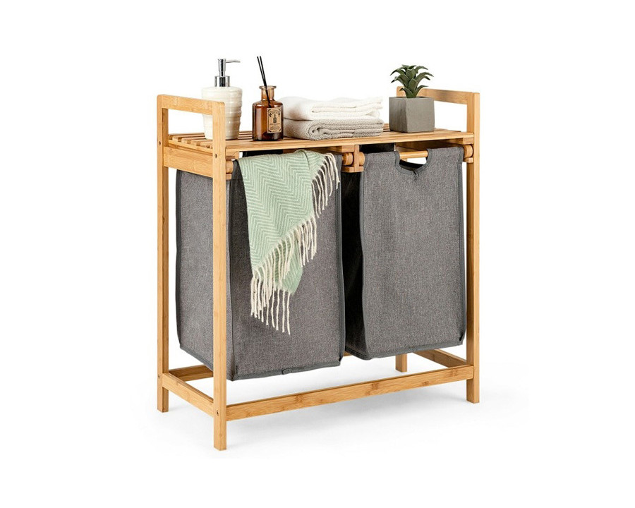 FaFurn - Natural Bamboo 2 Bin Sliding Laundry Hamper with Storage Shelf