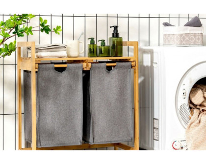 FaFurn - Natural Bamboo 2 Bin Sliding Laundry Hamper with Storage Shelf