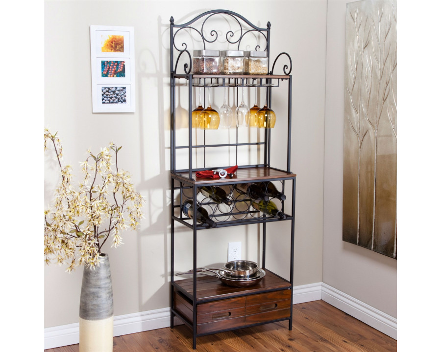 FaFurn - Bakers Rack with Wine Glass and Bottle Storage in Metal/Wood