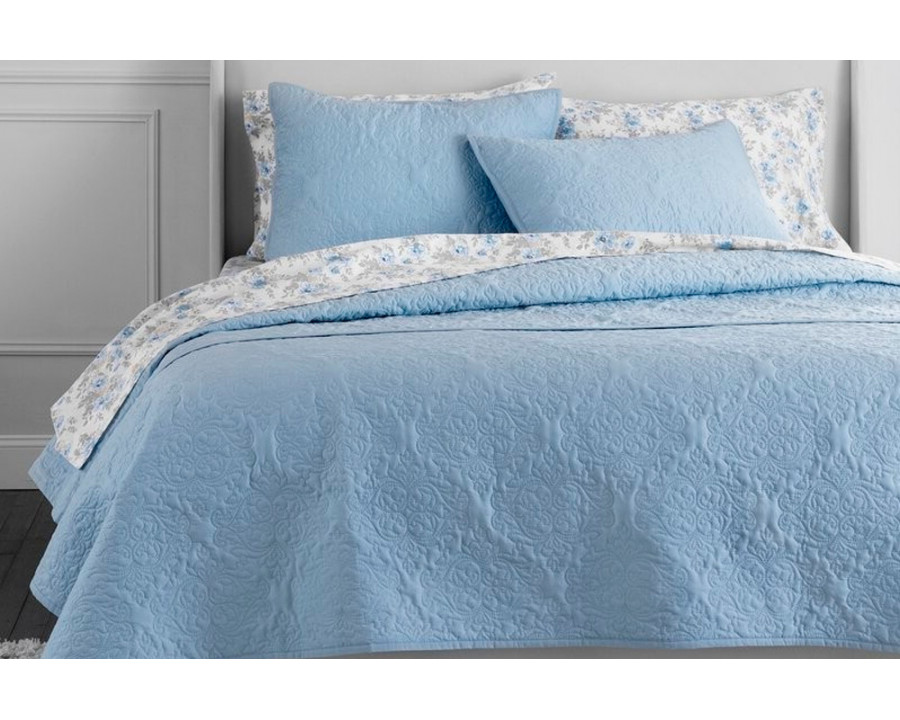 FaFurn Queen Size 3-Piece Quilted Damask Pattern Quilt Set - Blue, Cotton