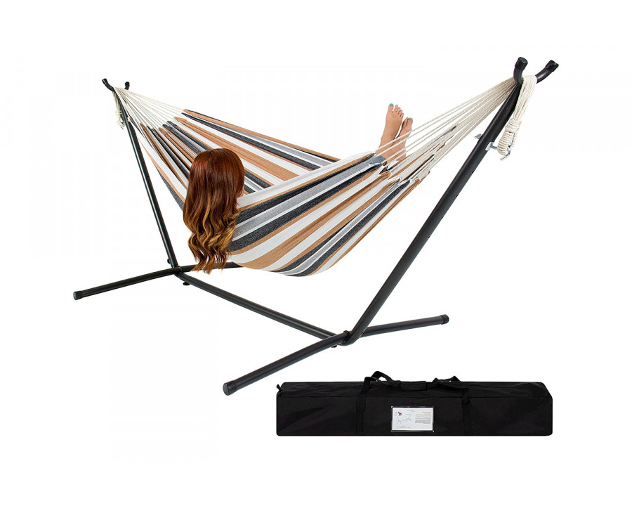 FaFurn Portable Stripe Cotton Hammock with Metal Stand and Carry Case - Beige/Gray