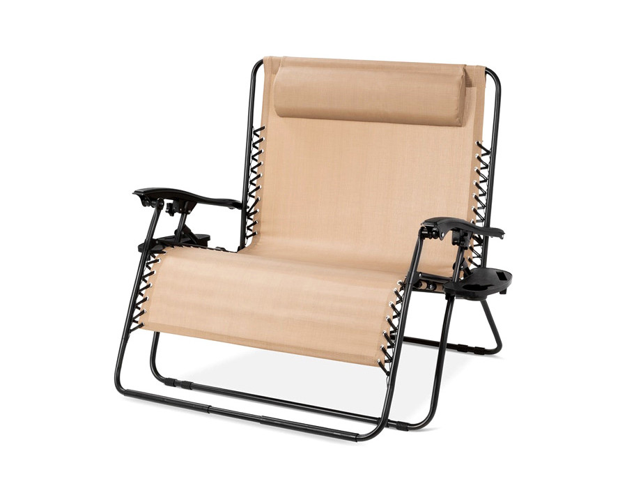 FaFurn - 2 Person Tan Extra Wide Zero Gravity Chair Lounger with Cup Holders Headrest