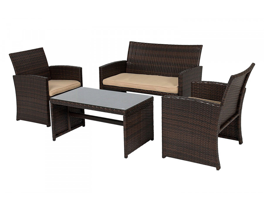 FaFurn - Brown Resin Wicker 4-Piece Modern Patio Furniture Set with Beige Cushions