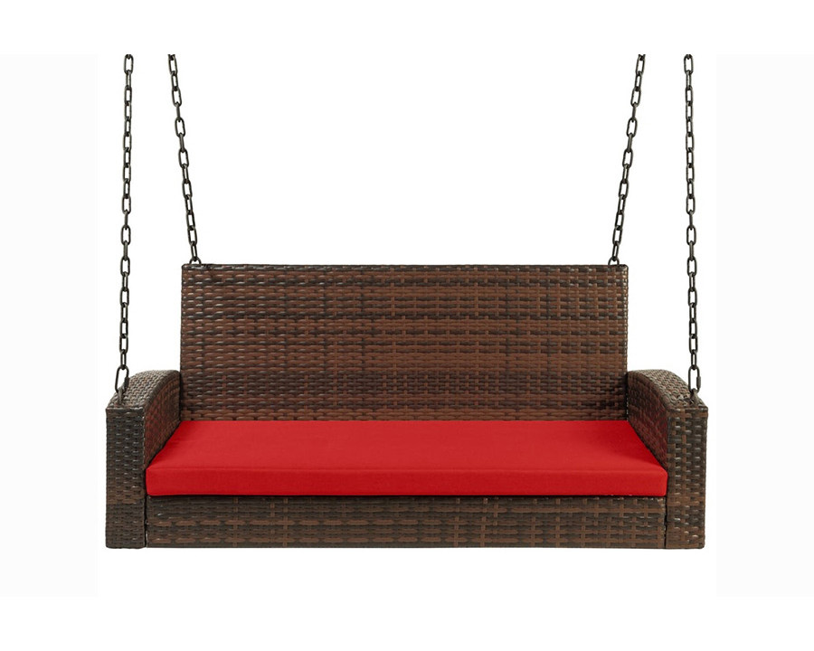 FaFurn - Brown Wicker Hanging Patio Porch Swing Bench with Mounting Chains and Red Seat Cushion