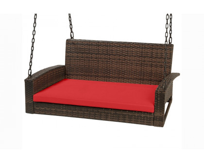 FaFurn - Brown Wicker Hanging Patio Porch Swing Bench with Mounting Chains and Red Seat Cushion