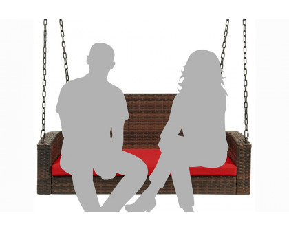 FaFurn - Brown Wicker Hanging Patio Porch Swing Bench with Mounting Chains and Red Seat Cushion