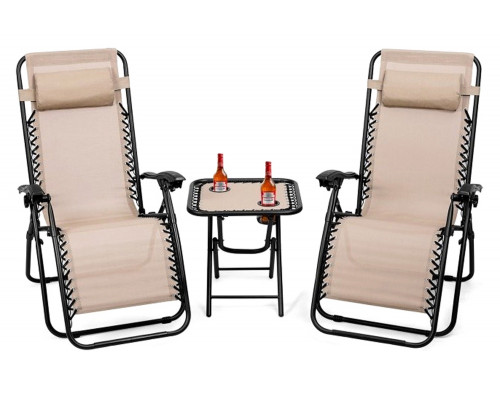 FaFurn - 3 Piece Folding Portable Reclining Lounge Chairs Table Set Tan