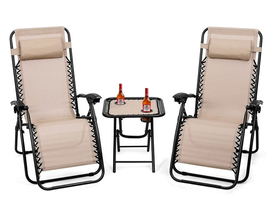 FaFurn - 3 Piece Folding Portable Reclining Lounge Chairs Table Set Tan