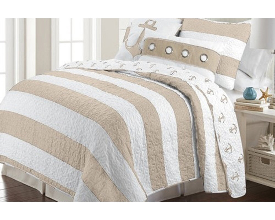 FaFurn 3 Piece Nautical Stripped/Anchors Reversible Microfiber Quilt Set - Beige, Full/Queen Size