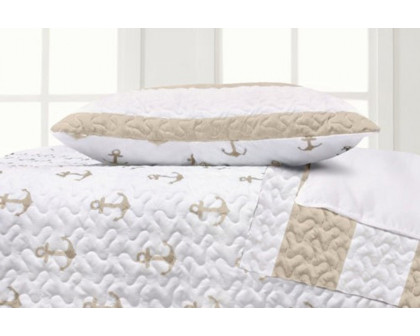 FaFurn 3 Piece Nautical Stripped/Anchors Reversible Microfiber Quilt Set - Beige, Full/Queen Size