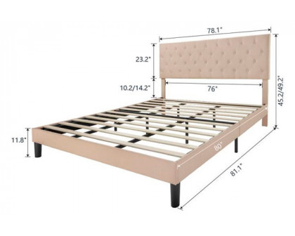 FaFurn King Size Platform Bed with Button-Tufted Headboard - Beige, Fabric