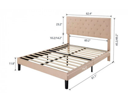 FaFurn Queen Size Platform Bed with Button-Tufted Headboard - Beige, Fabric