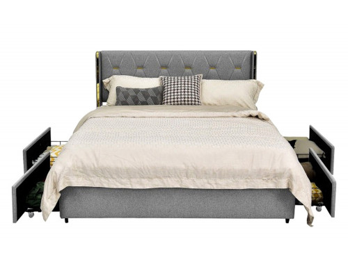 FaFurn Linen Headboard 4 Drawer Storage Platform Bed - Gray/Gold, Queen Size