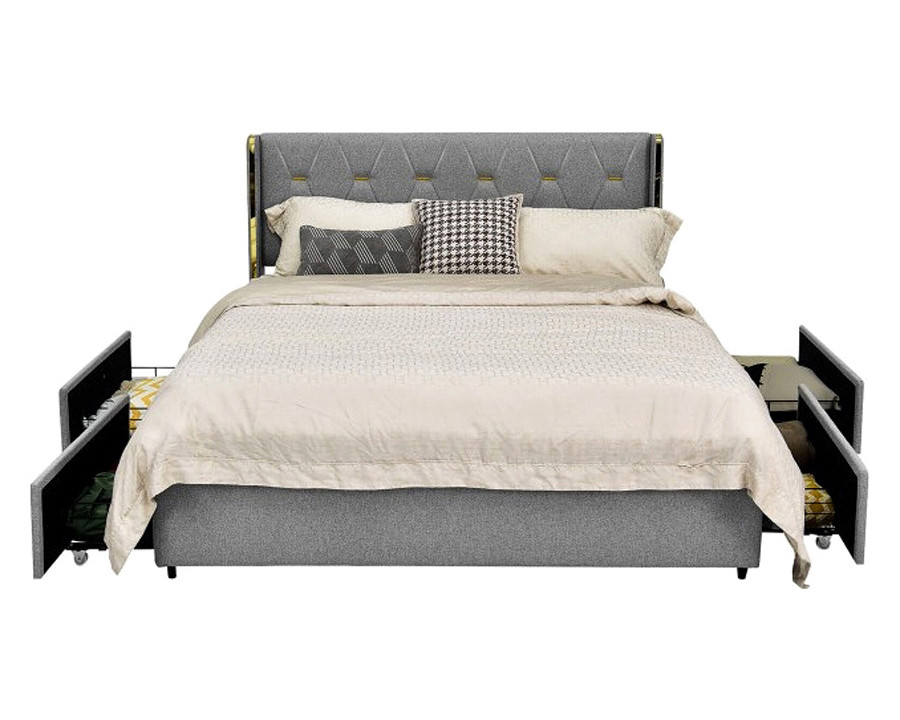 FaFurn Linen Headboard 4 Drawer Storage Platform Bed - Gray/Gold, Queen Size