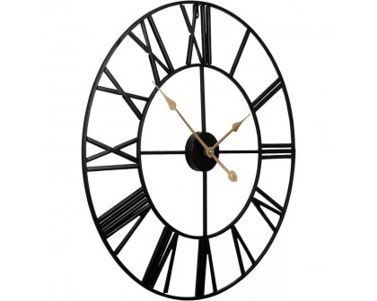 FaFurn Decorative Wall Clock with Roman Numerals and Gold Hands - Black, Metal