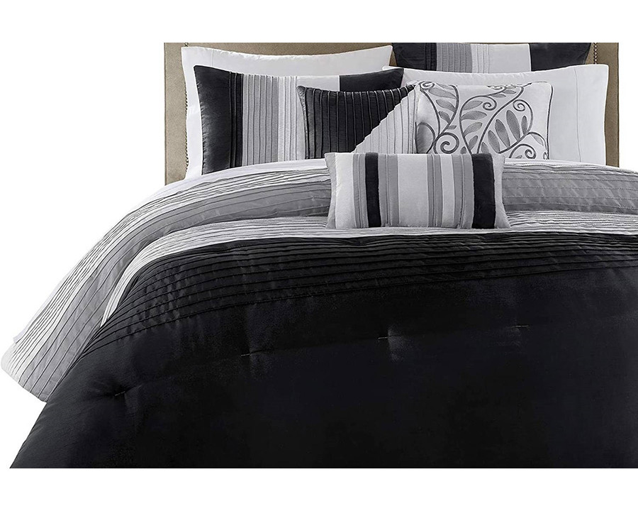 FaFurn 7 Piece Bed in a Bag Comforter Set Faux Silk - Black/Gray, Queen Size