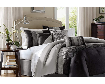 FaFurn 7 Piece Bed in a Bag Comforter Set Faux Silk - Black/Gray, Queen Size