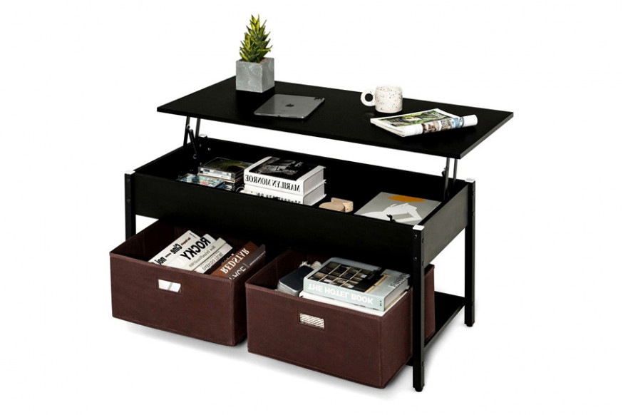 FaFurn™ Farmhouse Lift-Top Multi Purpose Coffee Table with 2 Storage Drawers Bins - Black