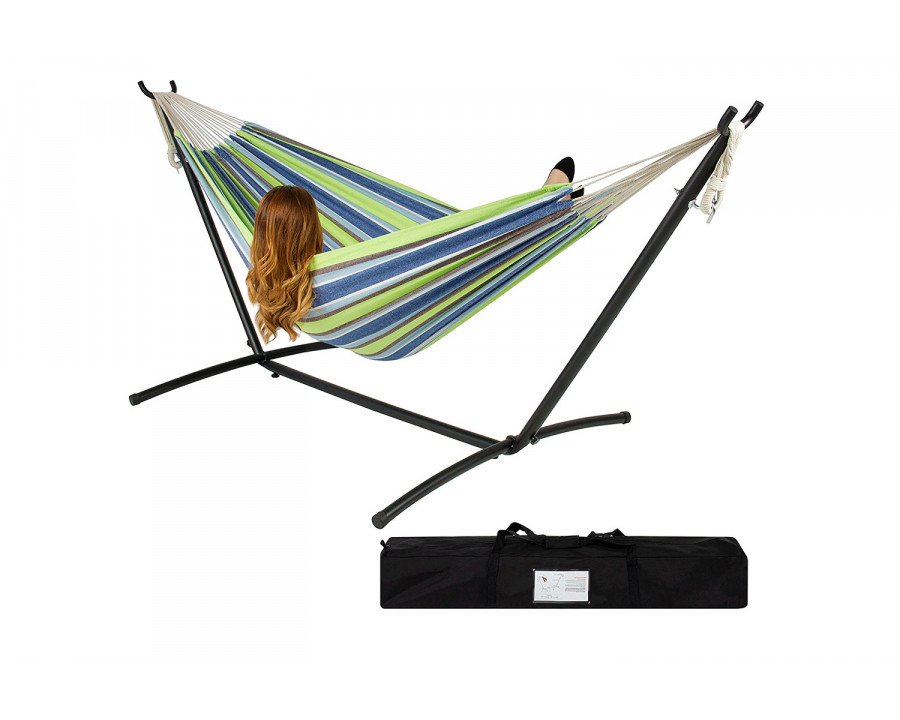 FaFurn Portable Stripe Cotton Hammock with Metal Stand and Carry Case - Blue/Green/Black