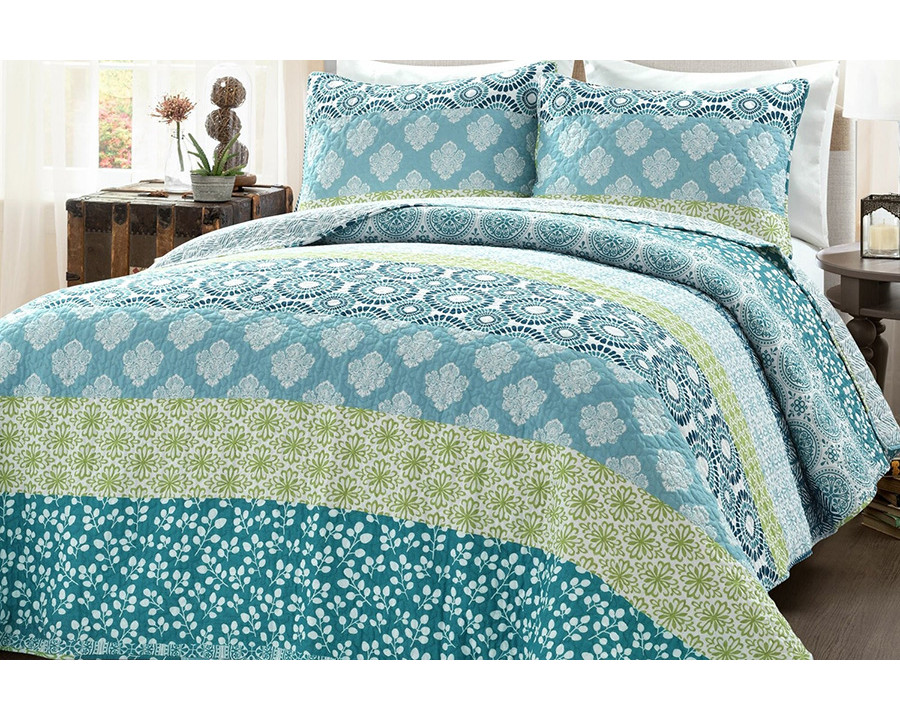 FaFurn Cotton 3 Piece Reversible Floral Damask Quilt Set - Full/Queen Size