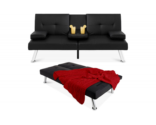 FaFurn Faux Leather Convertible Sofa Futon with 2 Cup Holders - Black