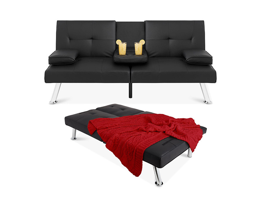 FaFurn Faux Leather Convertible Sofa Futon with 2 Cup Holders - Black