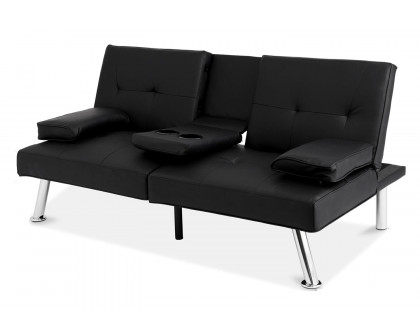 FaFurn Faux Leather Convertible Sofa Futon with 2 Cup Holders - Black