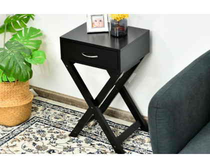 FaFurn™ X-Shape 1 Drawer End Table with D-Shape Handle - Black, Wood