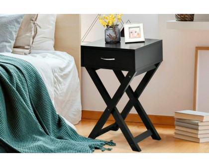 FaFurn™ X-Shape 1 Drawer End Table with D-Shape Handle - Black, Wood