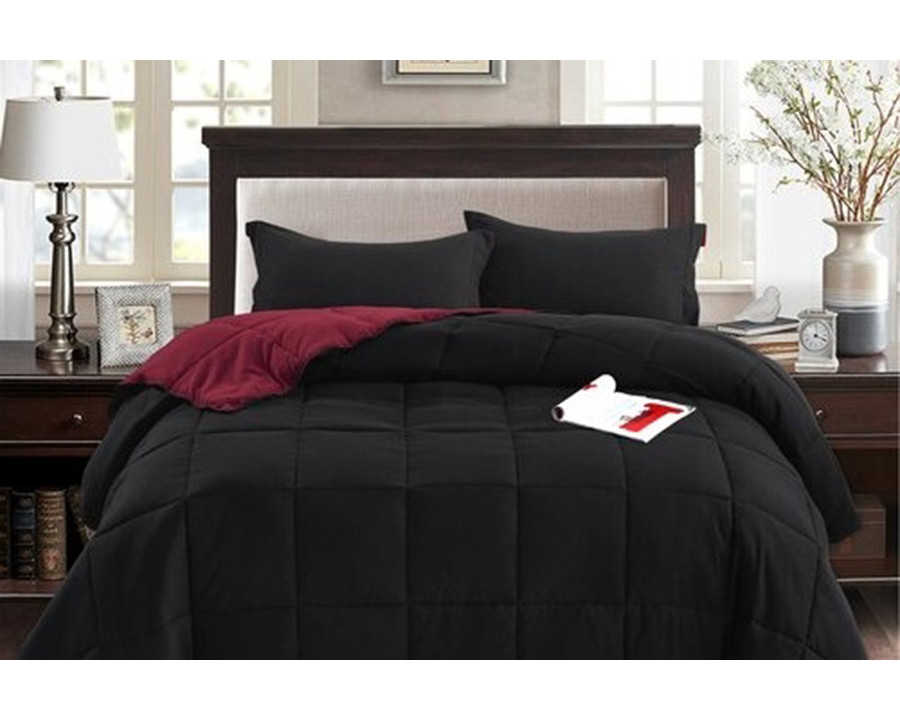 FaFurn Traditional Microfiber Reversible 3 Piece Comforter Set - Black/Maroon, Full/Queen Size