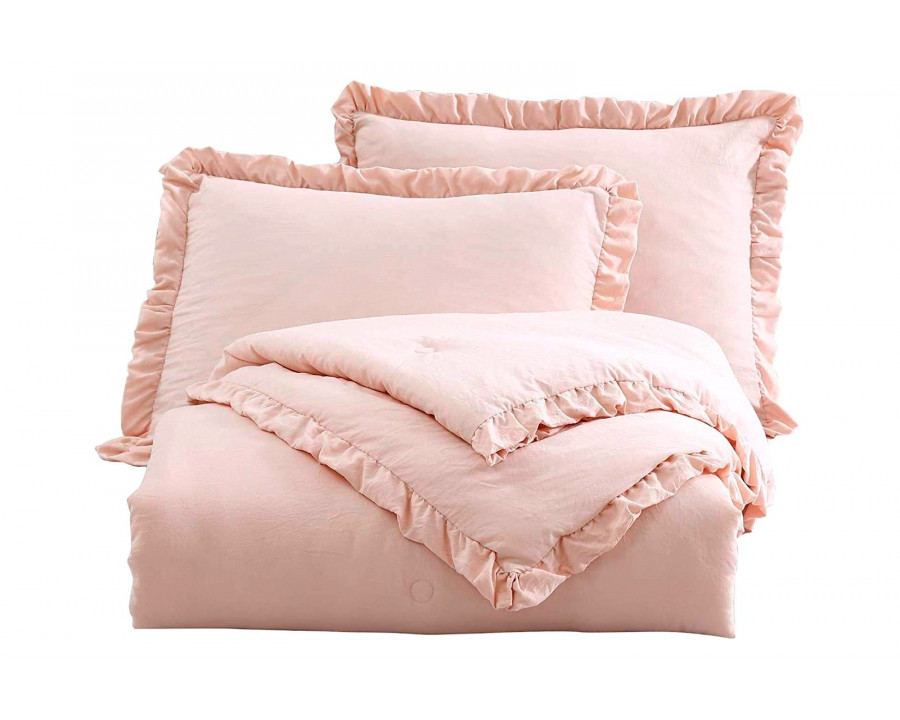 FaFurn Full Size Oversized Ruffled Edge Comforter Set - Pink, Microfiber