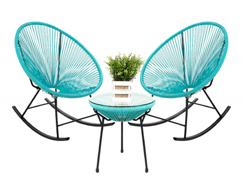 FaFurn 3 Piece Oval Patio Woven Rocking Chair Bistro Set - Teal