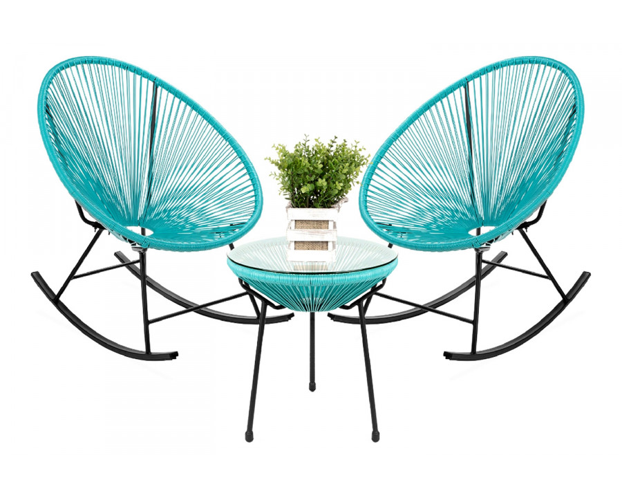 FaFurn 3 Piece Oval Patio Woven Rocking Chair Bistro Set - Teal