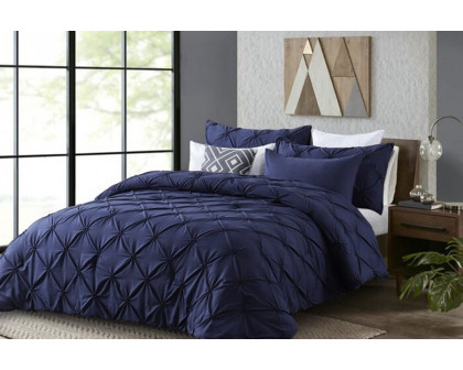 FaFurn All Season Pleated Hypoallergenic Microfiber Reversible 3 Piece Comforter Set - Navy, King Size