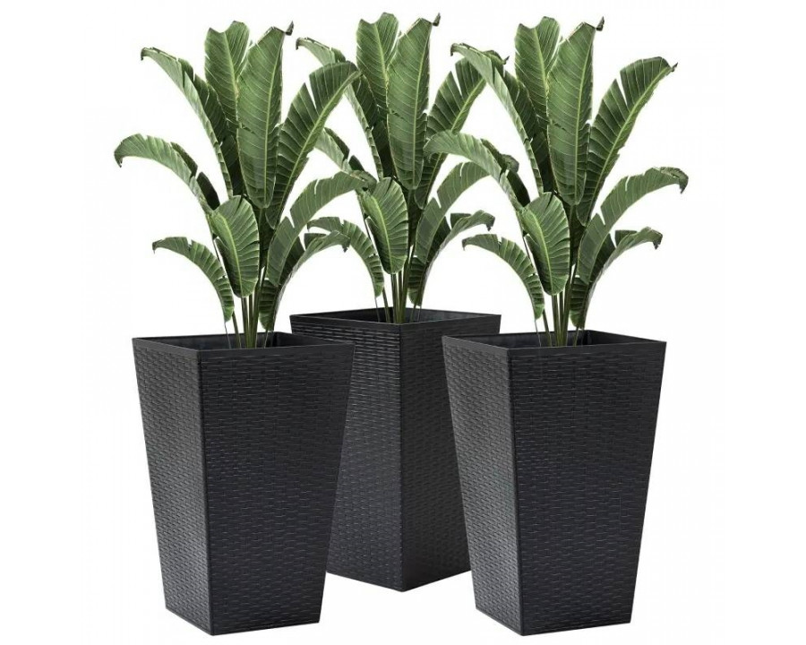 FaFurn Set of 3 Flower Pots - Black, Faux Rattan/Plastic