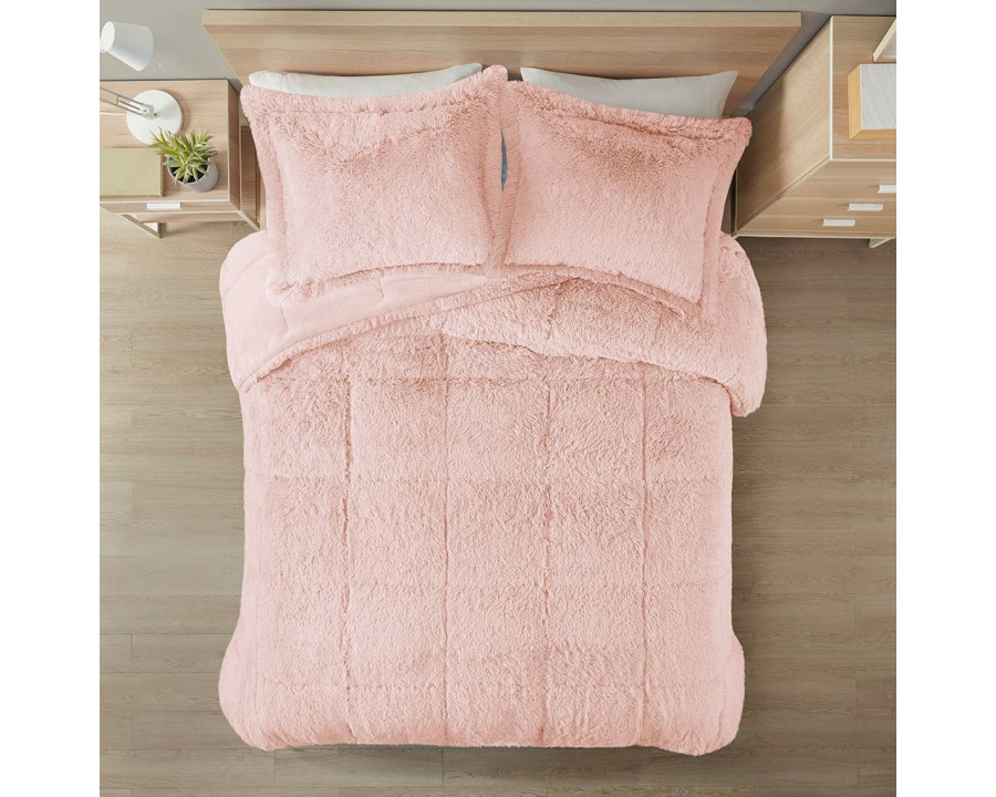 FaFurn 3-Piece Full/Queen Size Comforter Set with Pillow Shams - Pink Plush, Soft Sherpa Faux Fur