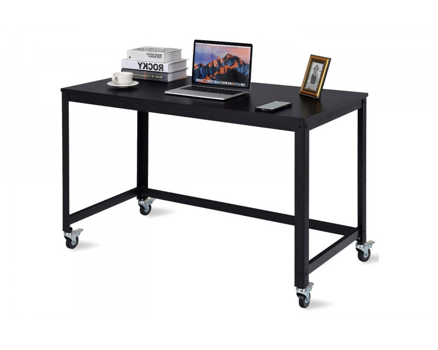 FaFurn - Mobile Steel Frame Laptop Computer Desk with Black Wood Top and Locking Casters