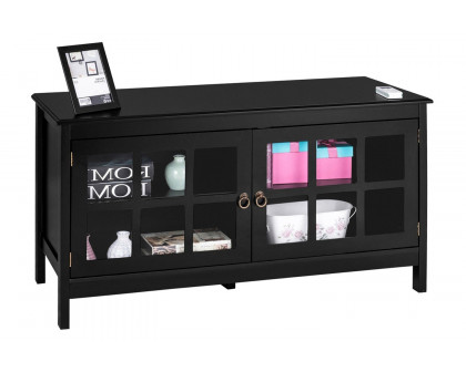 FaFurn Wood Entertainment Center TV Stand with Glass Panel Doors - Black