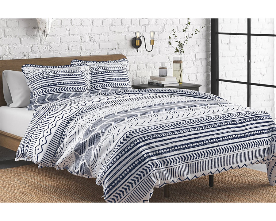 FaFurn 3 Piece Scandinavian Reversible Cotton Set - Blue/White, Full/Queen Size