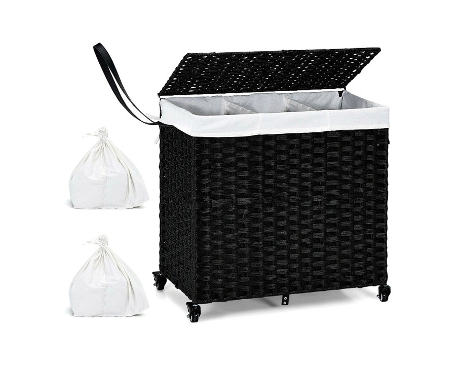 FaFurn - Black 3 Bin Linen Lined On Wheels Pr Rattan Laundry Hamper