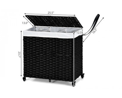 FaFurn - Black 3 Bin Linen Lined On Wheels Pr Rattan Laundry Hamper