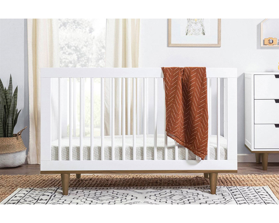 FaFurn 3-In-1 Modern Solid Wood Crib with Mid Century Style Legs - White/Walnut