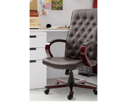 FaFurn - Brown Wooden Faux Leather Adjustable High Back Executive Home Office Chair