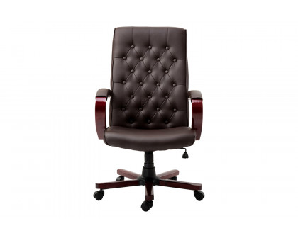 FaFurn - Brown Wooden Faux Leather Adjustable High Back Executive Home Office Chair